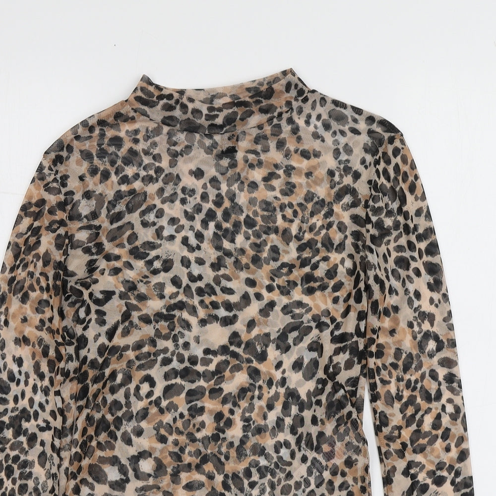 New Look Womens Brown Animal Print Polyester Basic T-Shirt Size 10 Round Neck