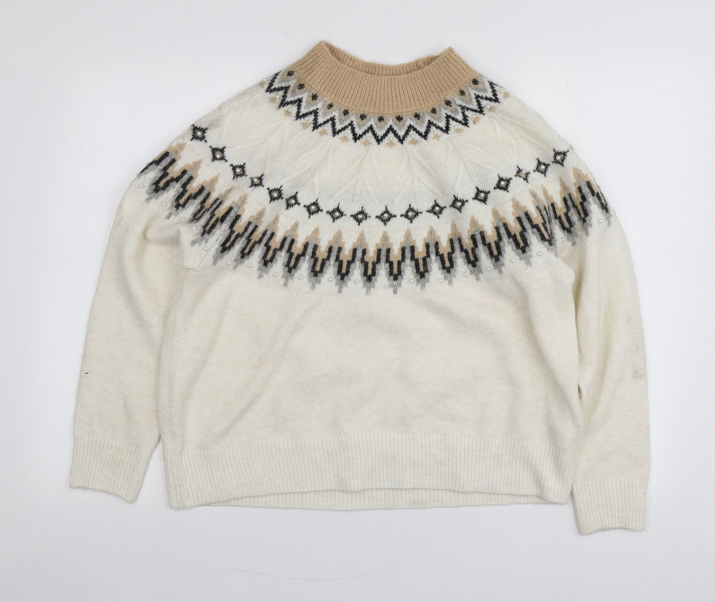 Papaya Womens Ivory High Neck Geometric Acrylic Pullover Jumper Size L