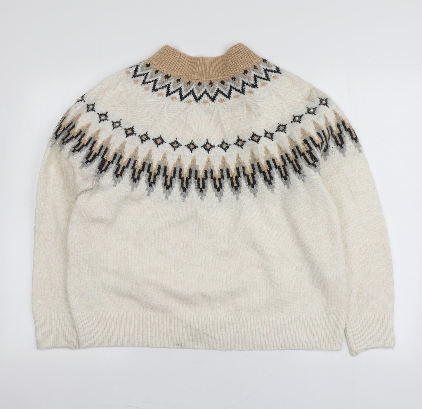 Papaya Womens Ivory High Neck Geometric Acrylic Pullover Jumper Size L