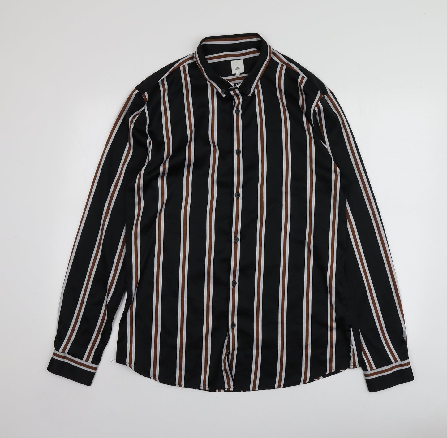 River Island Womens Black Striped Polyester Basic Button-Up Size L Collared