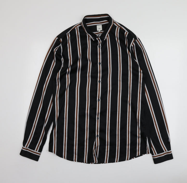 River Island Womens Black Striped Polyester Basic Button-Up Size L Collared