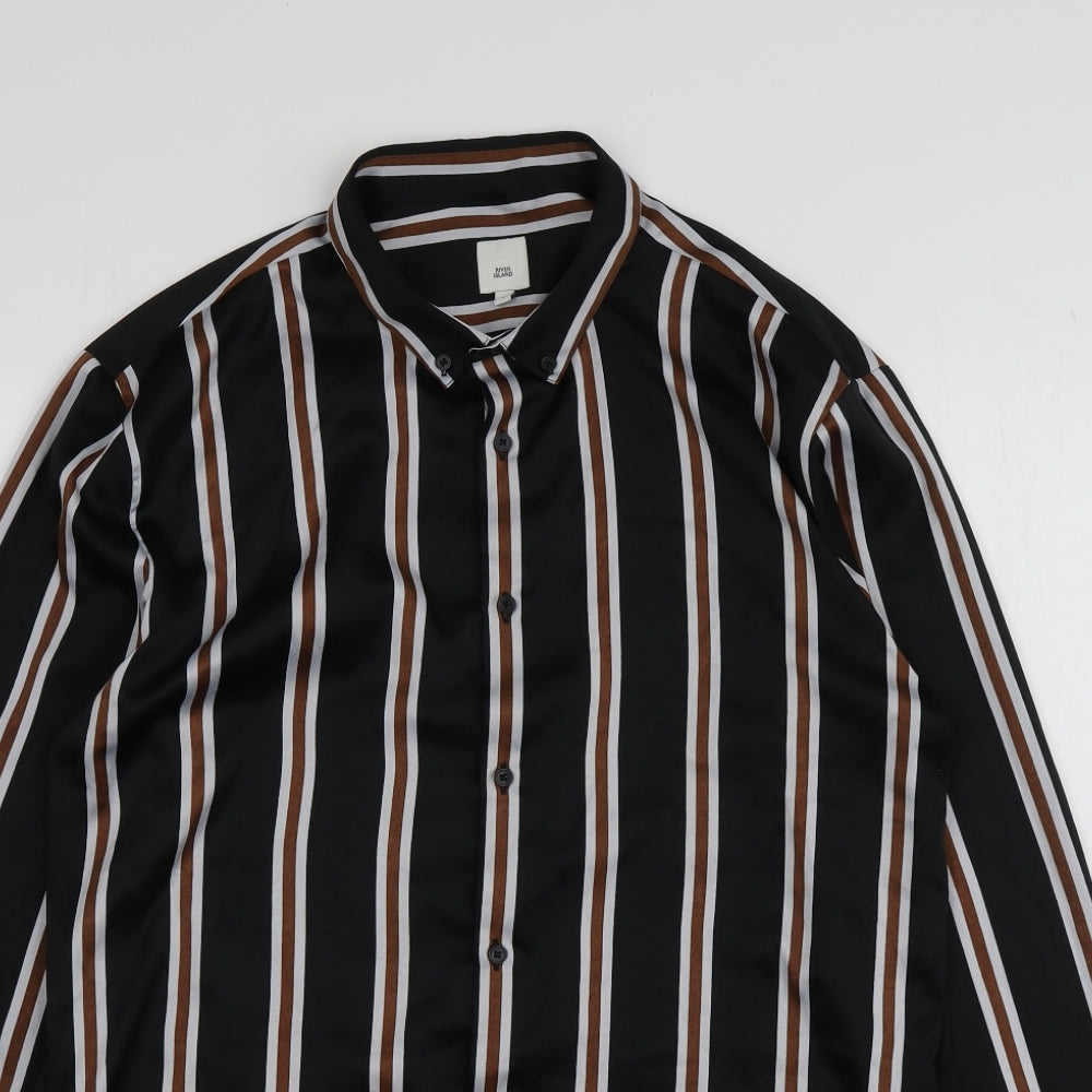 River Island Womens Black Striped Polyester Basic Button-Up Size L Collared