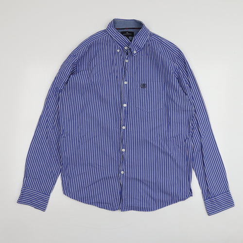 Blue Harbour Mens Blue Striped Cotton  Button-Up Size L Collared