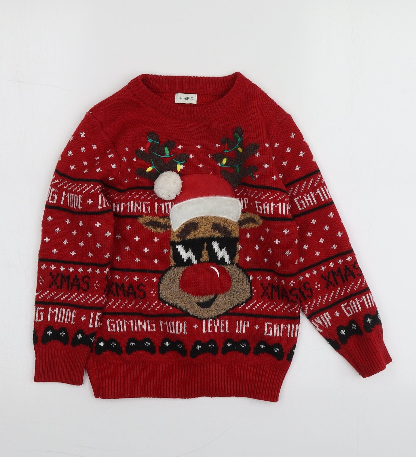 F&F Boys Red Round Neck Geometric Polyester Pullover Jumper Size 5-6 Years
