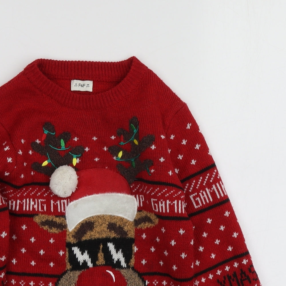 F&F Boys Red Round Neck Geometric Polyester Pullover Jumper Size 5-6 Years