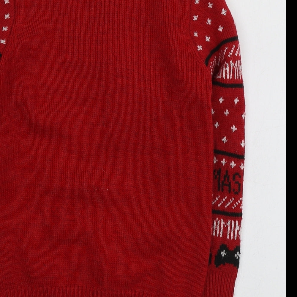 F&F Boys Red Round Neck Geometric Polyester Pullover Jumper Size 5-6 Years