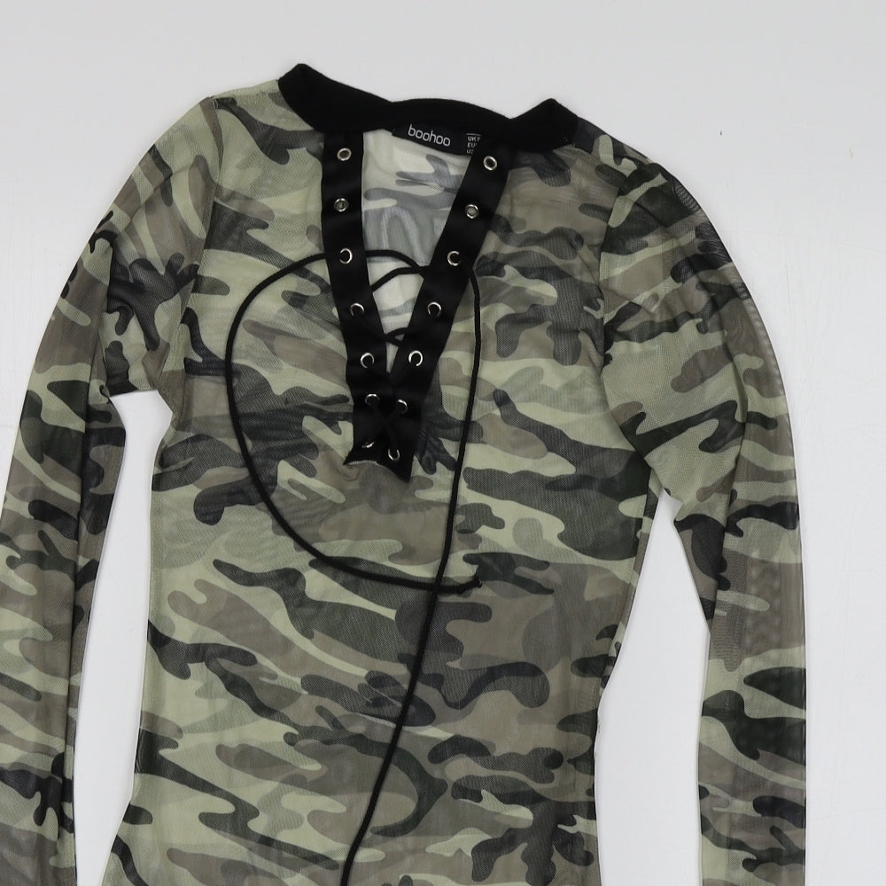 Boohoo Womens Green Camouflage Polyester Bodysuit One-Piece Size 8