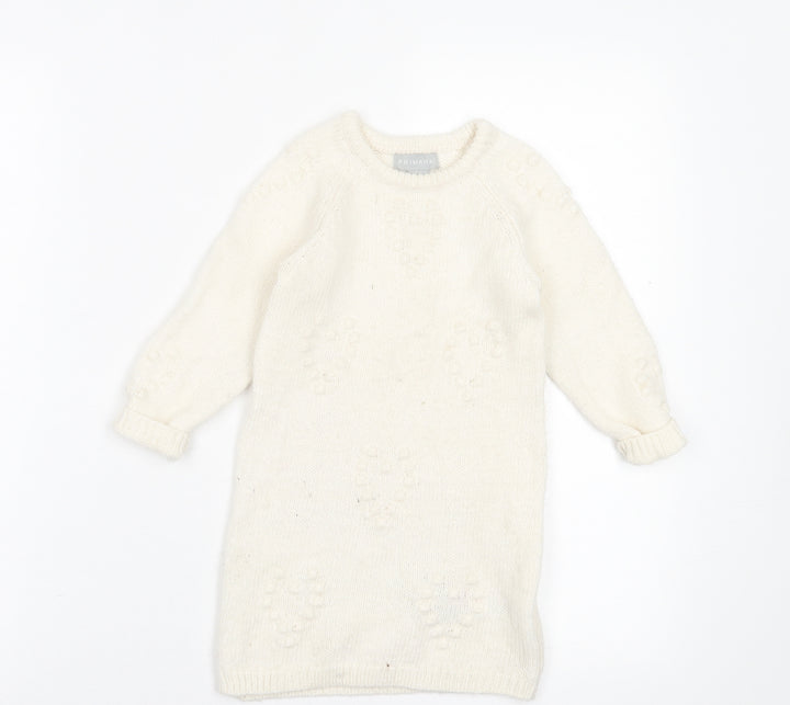 Primark Girls White  Acrylic Jumper Dress  Size 24 Months  Crew Neck Pullover