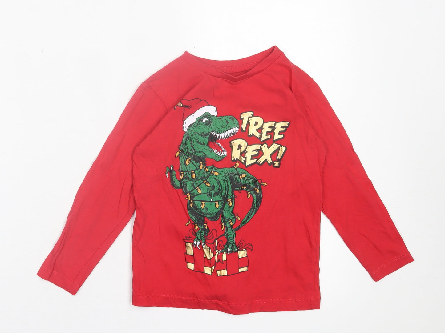 Dunnes Stores Boys Red  Cotton Basic Casual Size 5 Years Crew Neck Pullover - Tree Rex Christmas
