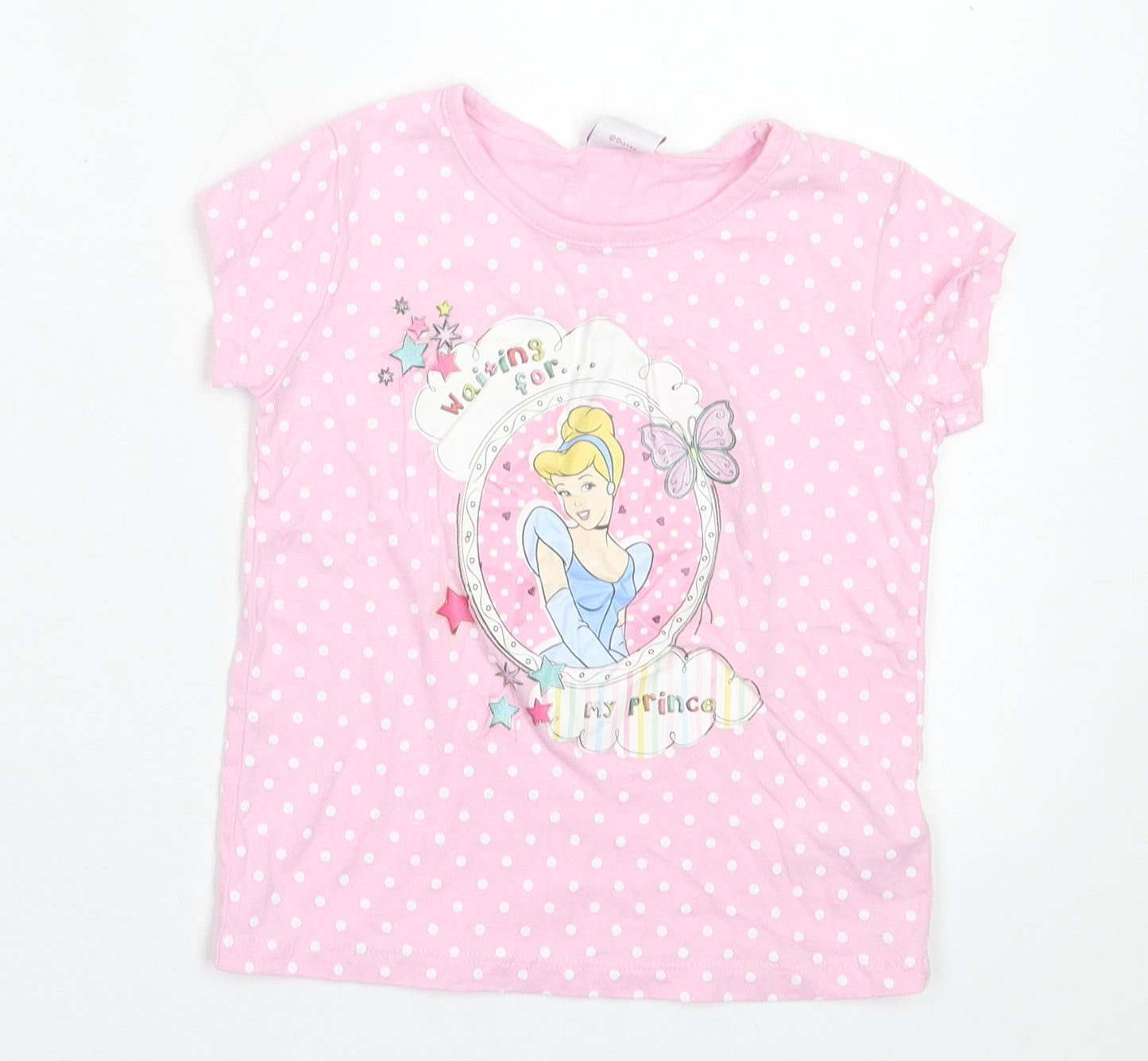 Disney Girls Pink Polka Dot Cotton Basic T-Shirt Size 4-5 Years Crew Neck Pullover - Cinderella
