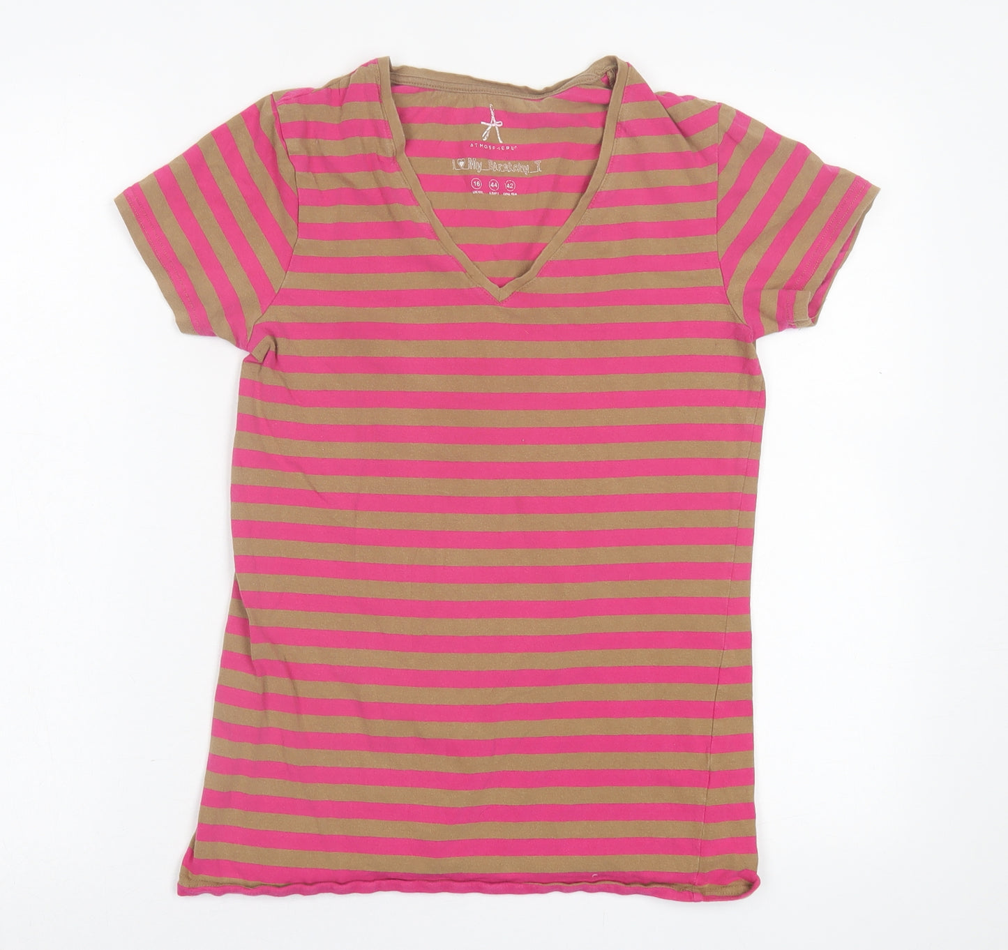 Atmosphere Womens Pink Striped Cotton Basic T-Shirt Size 16 V-Neck