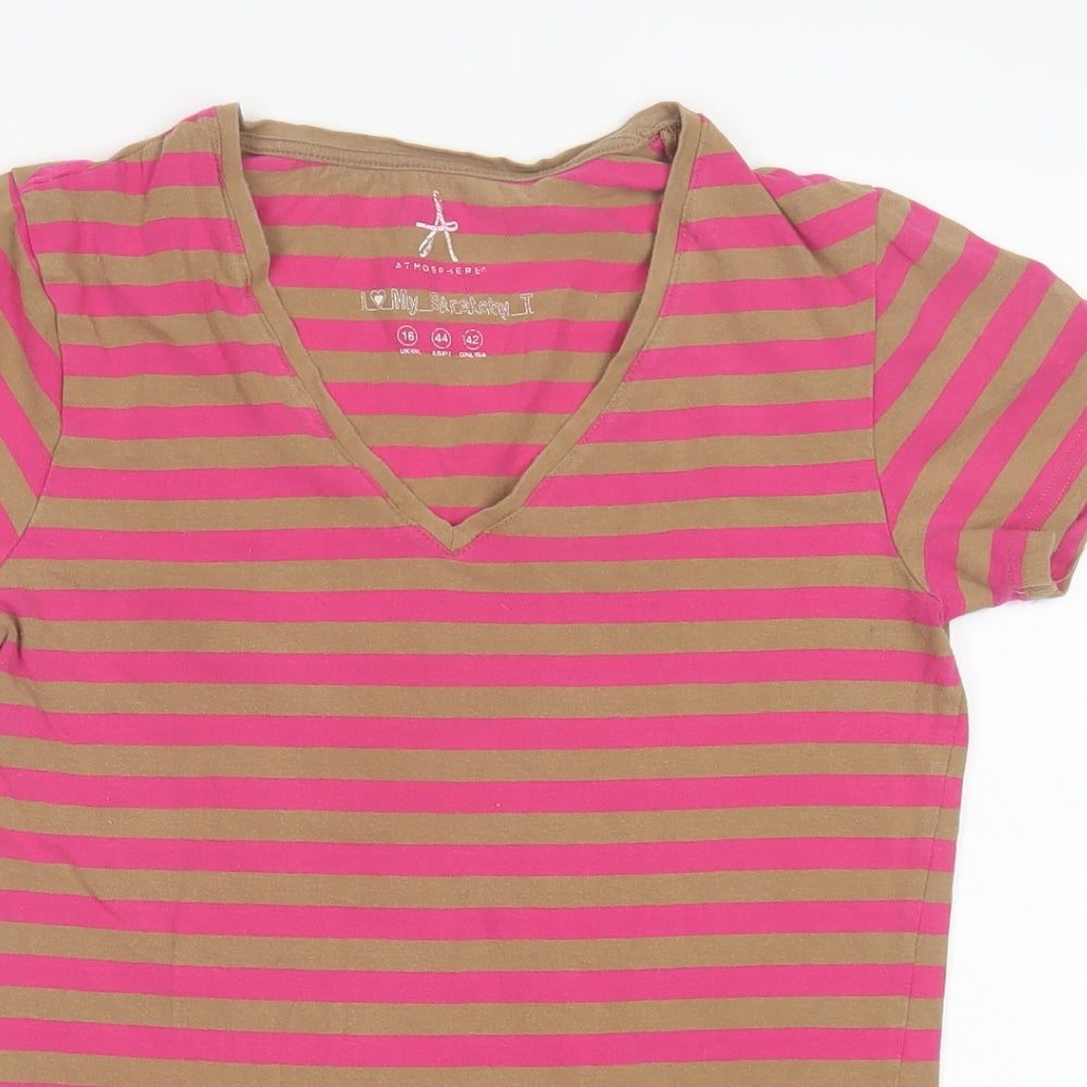 Atmosphere Womens Pink Striped Cotton Basic T-Shirt Size 16 V-Neck