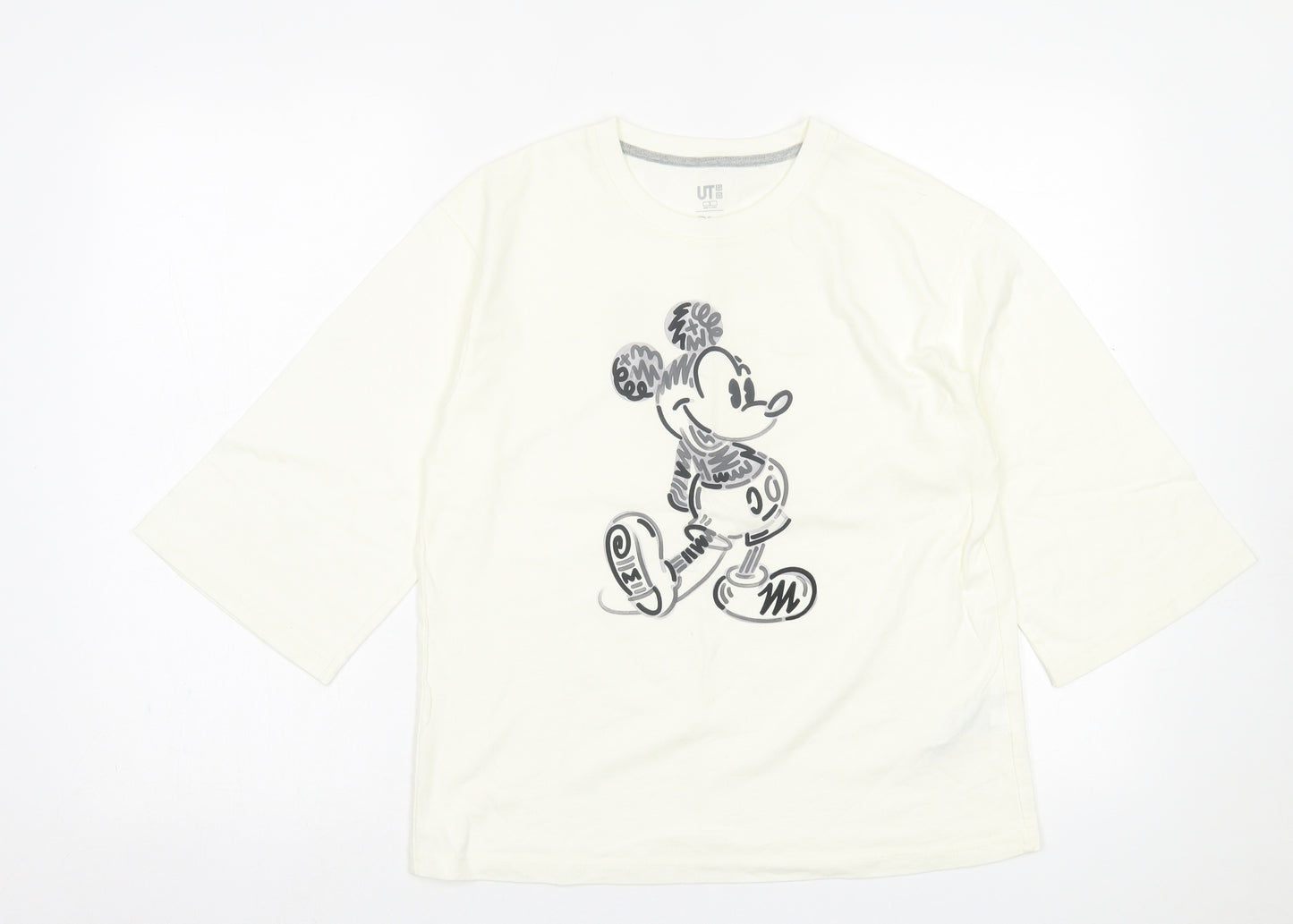 Uniqlo Womens Ivory  Cotton Basic T-Shirt Size S Crew Neck - Mickey Mouse