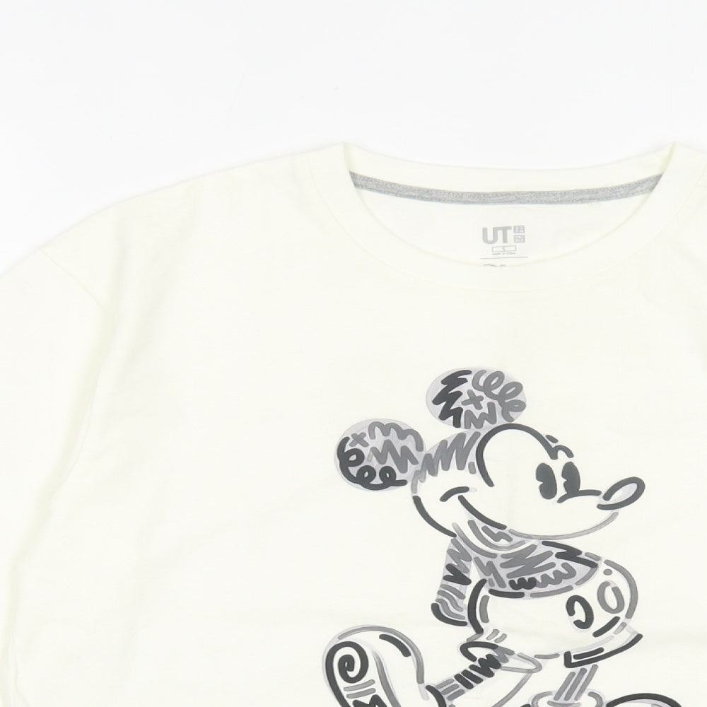 Uniqlo Womens Ivory  Cotton Basic T-Shirt Size S Crew Neck - Mickey Mouse