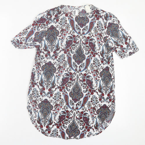 H&M Womens Multicoloured Geometric Viscose Basic T-Shirt Size 6 Crew Neck