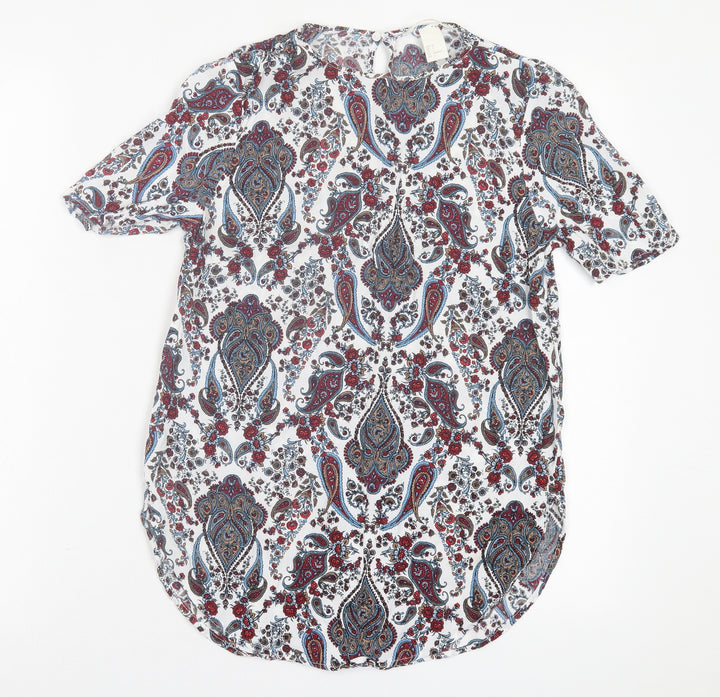 H&M Womens Multicoloured Geometric Viscose Basic T-Shirt Size 6 Crew Neck