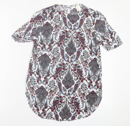 Front view of H&M women’s multicoloured geometric viscose basic t-shirt, size UK 6, crew neck