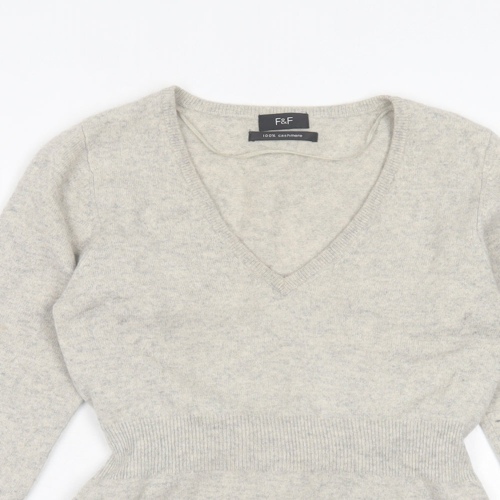 F&F Womens Grey V-Neck  Cashmere Pullover Jumper Size 12