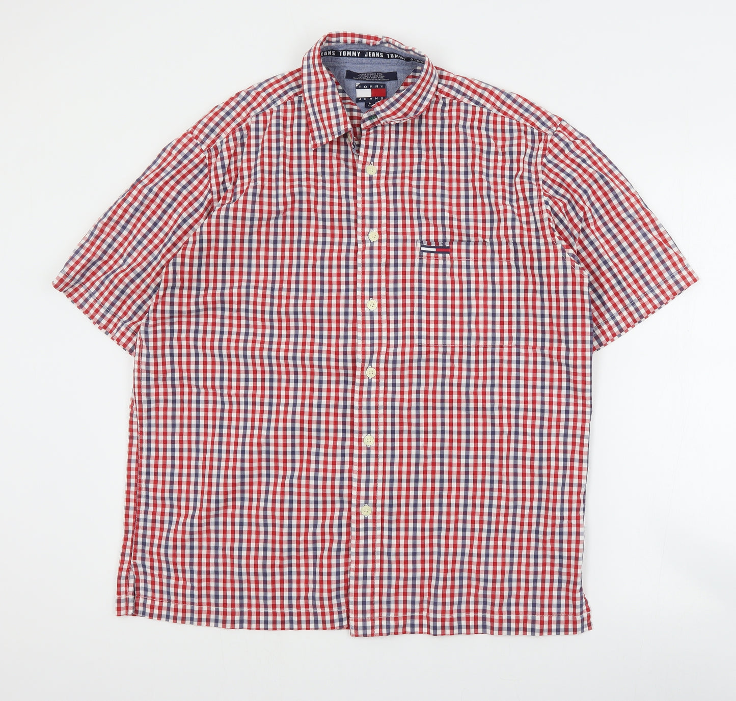 Tommy Jeans Mens Red Plaid Cotton  Button-Up Size M Collared Button
