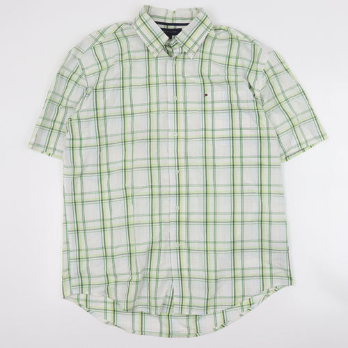 Tommy Hilfiger Mens Green Plaid Cotton  Button-Up Size L Collared Button