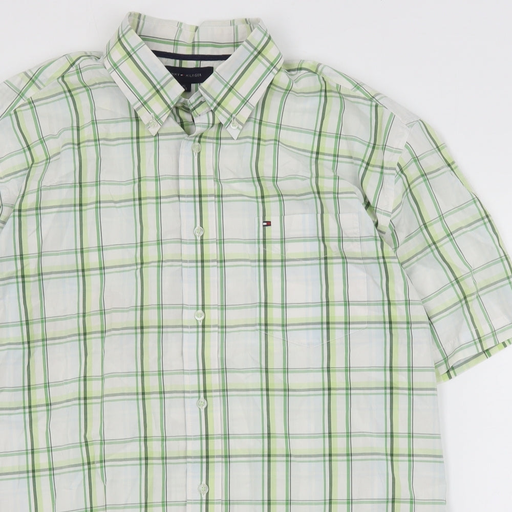 Tommy Hilfiger Mens Green Plaid Cotton  Button-Up Size L Collared Button