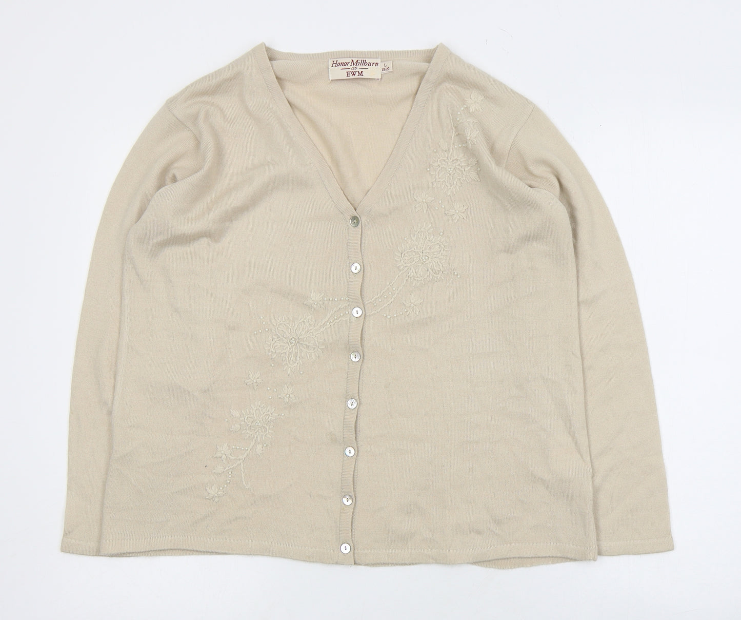 EWM Womens Beige V-Neck  Acrylic Cardigan Jumper Size L