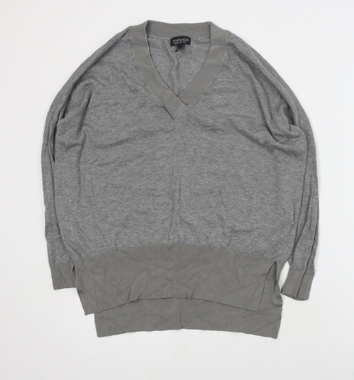 Topshop Womens Grey V-Neck  Polyester Henley Jumper Size 8