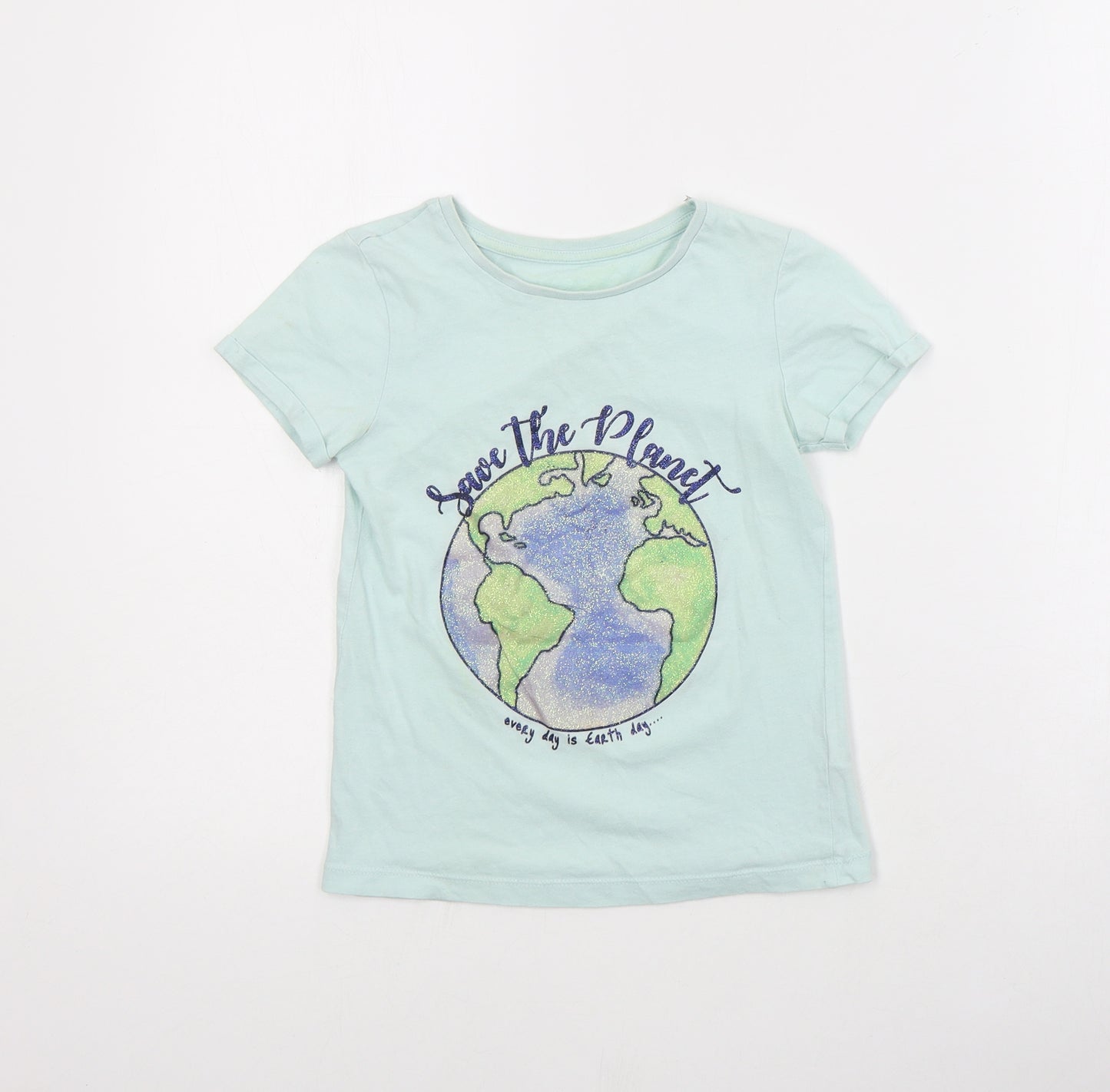 Dunnes Girls Green  Cotton Basic T-Shirt Size 7 Years Crew Neck Pullover - Save the Planet