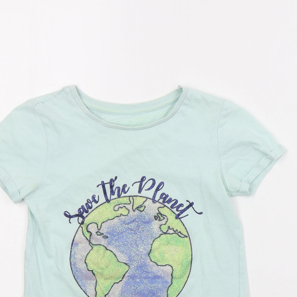 Dunnes Girls Green  Cotton Basic T-Shirt Size 7 Years Crew Neck Pullover - Save the Planet