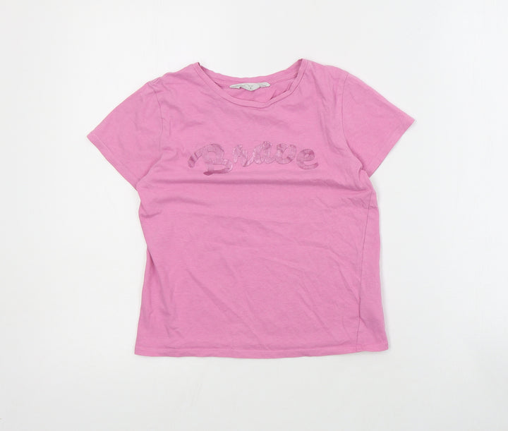 H&M Girls Pink  Cotton Basic T-Shirt Size 7-8 Years Crew Neck Pullover - Slogan