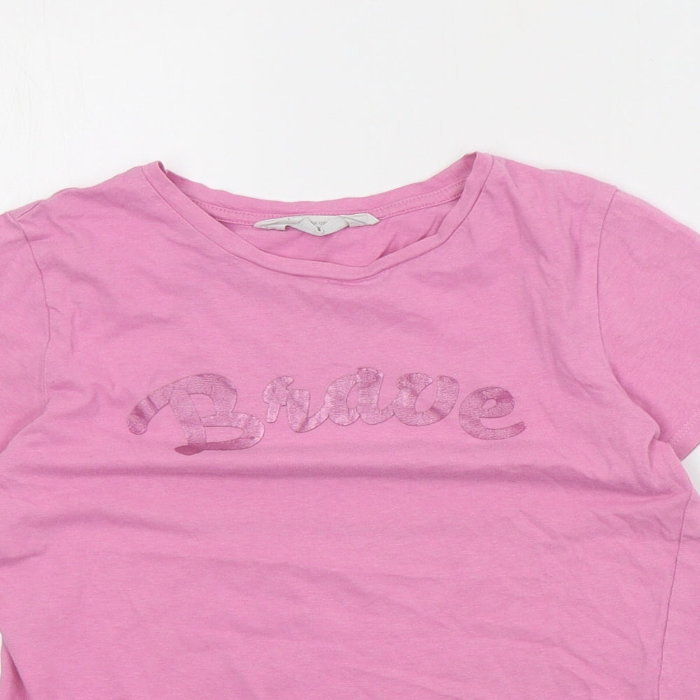 H&M Girls Pink  Cotton Basic T-Shirt Size 7-8 Years Crew Neck Pullover - Slogan