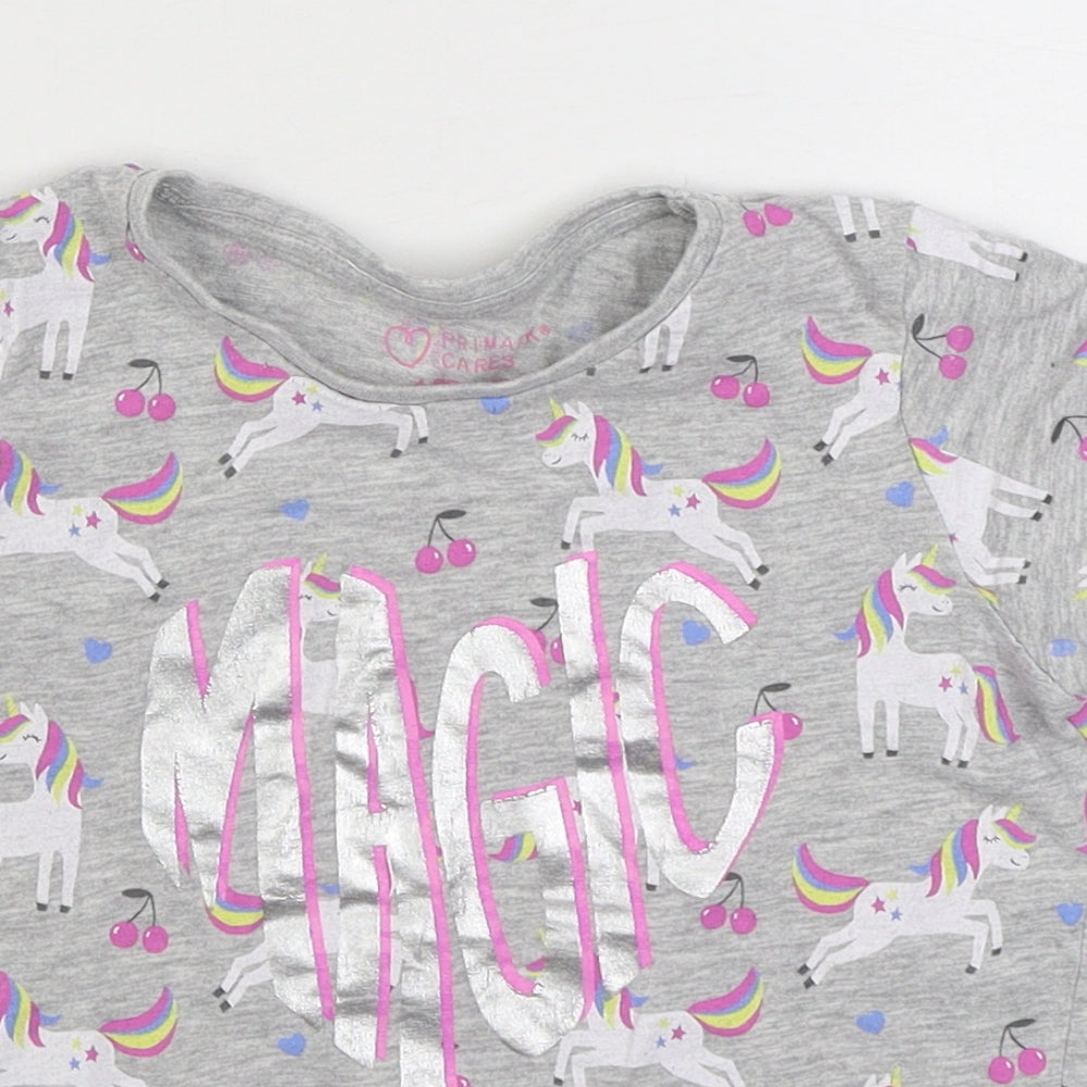 Primark Girls Grey Geometric Cotton Basic T-Shirt Size 4-5 Years Round Neck Pullover