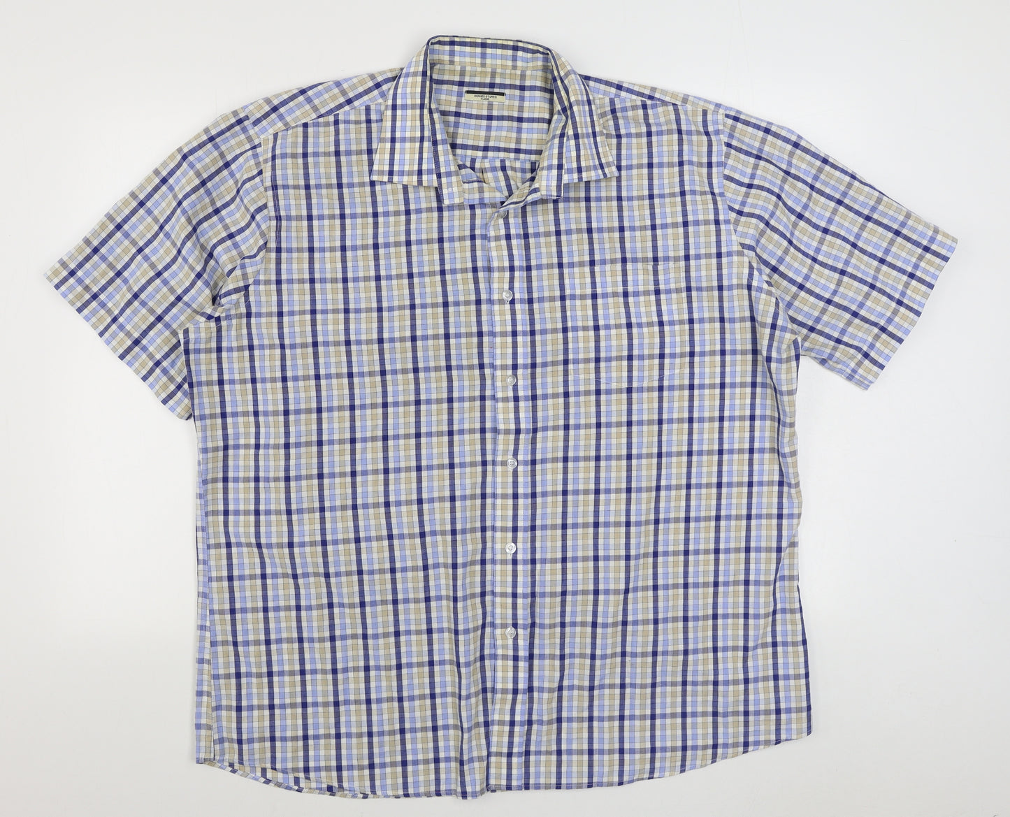 Dunnes Stores Mens Blue Plaid Polyester  Button-Up Size XL Collared Button