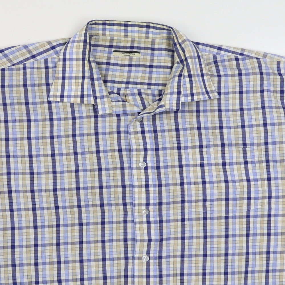 Dunnes Stores Mens Blue Plaid Polyester  Button-Up Size XL Collared Button