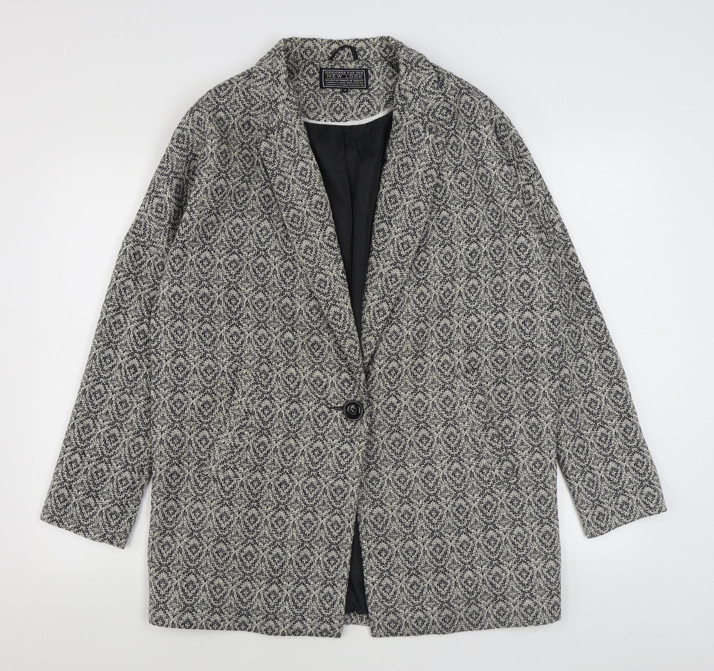 New Look Womens Black Geometric  Overcoat Coat Size 14  Button