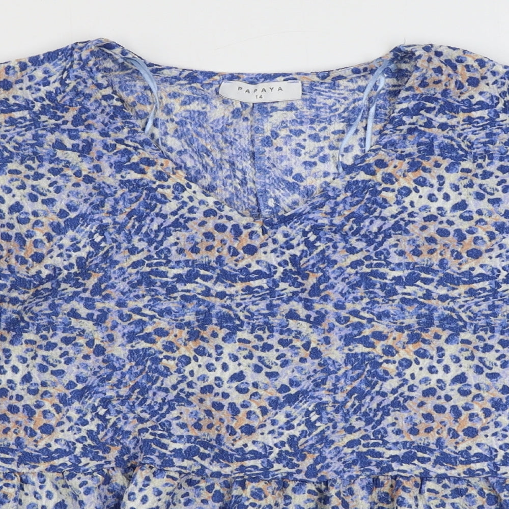 Matalan Womens Blue Geometric Polyester Basic Blouse Size 14 V-Neck