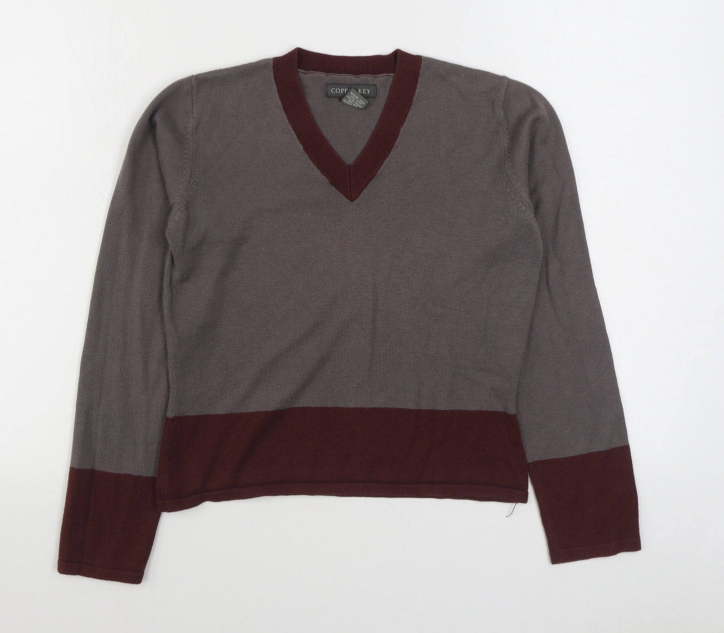 Copper Key Womens Grey V-Neck  Acrylic Pullover Jumper Size L