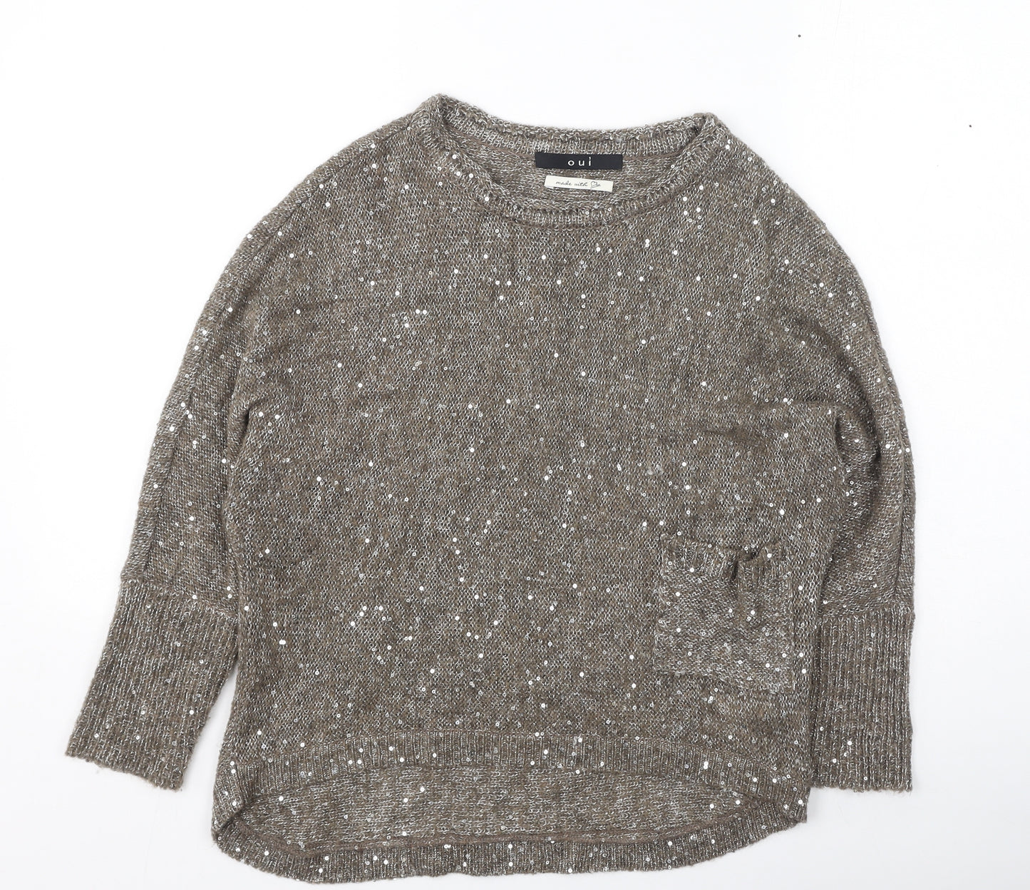 Oui Womens Brown Round Neck  Polyamide Pullover Jumper Size 14