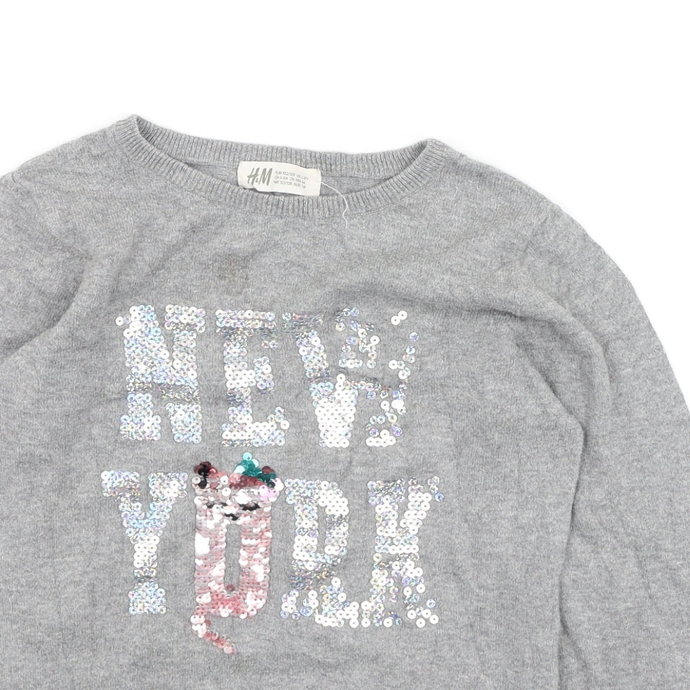H&M Girls Grey Round Neck  Cotton Pullover Jumper Size 6-7 Years