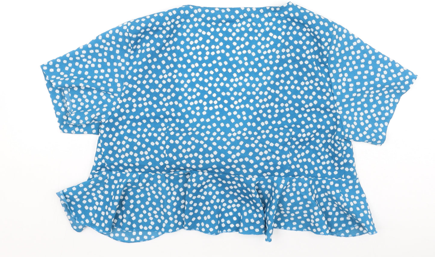 SheIn Womens Blue Floral Polyester Basic Blouse Size M V-Neck