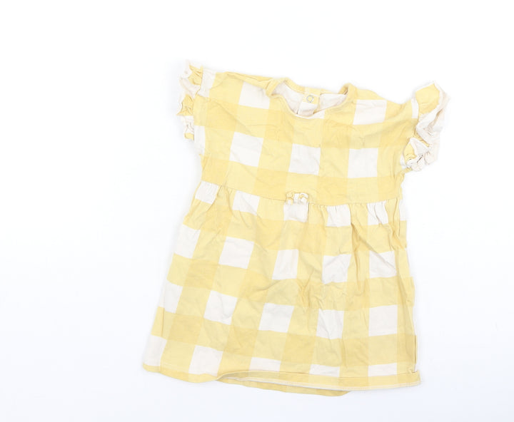 George Girls Yellow Plaid Cotton Fit & Flare Size 9-12 Months Round Neck