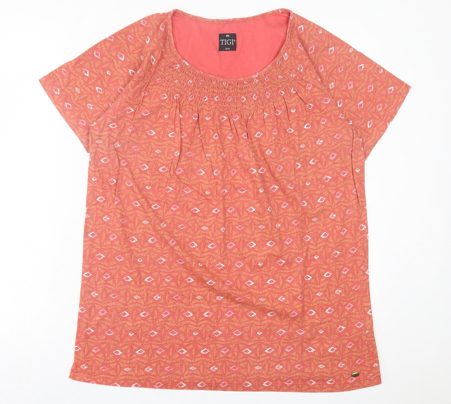 TIGI Womens Orange Geometric Cotton Basic T-Shirt Size 14 Crew Neck