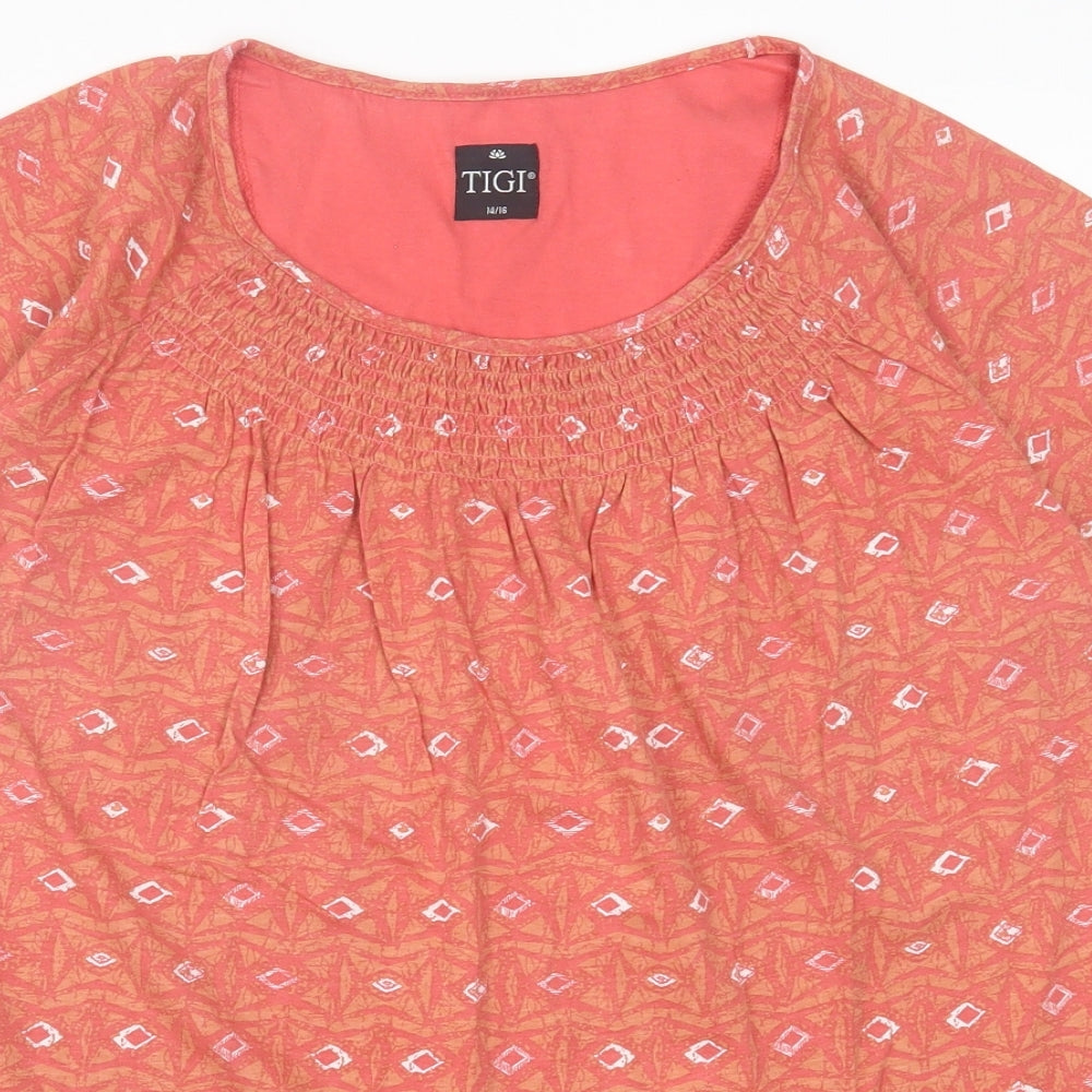 TIGI Womens Orange Geometric Cotton Basic T-Shirt Size 14 Crew Neck