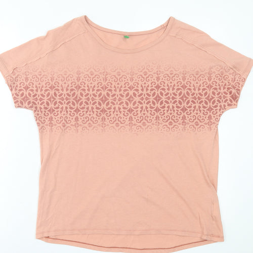 United Colors of Benetton Womens Pink Geometric Cotton Basic T-Shirt Size M Crew Neck