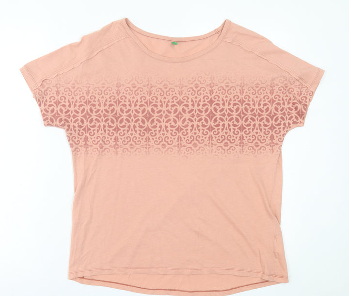 United Colors of Benetton Womens Pink Geometric Cotton Basic T-Shirt Size M Crew Neck
