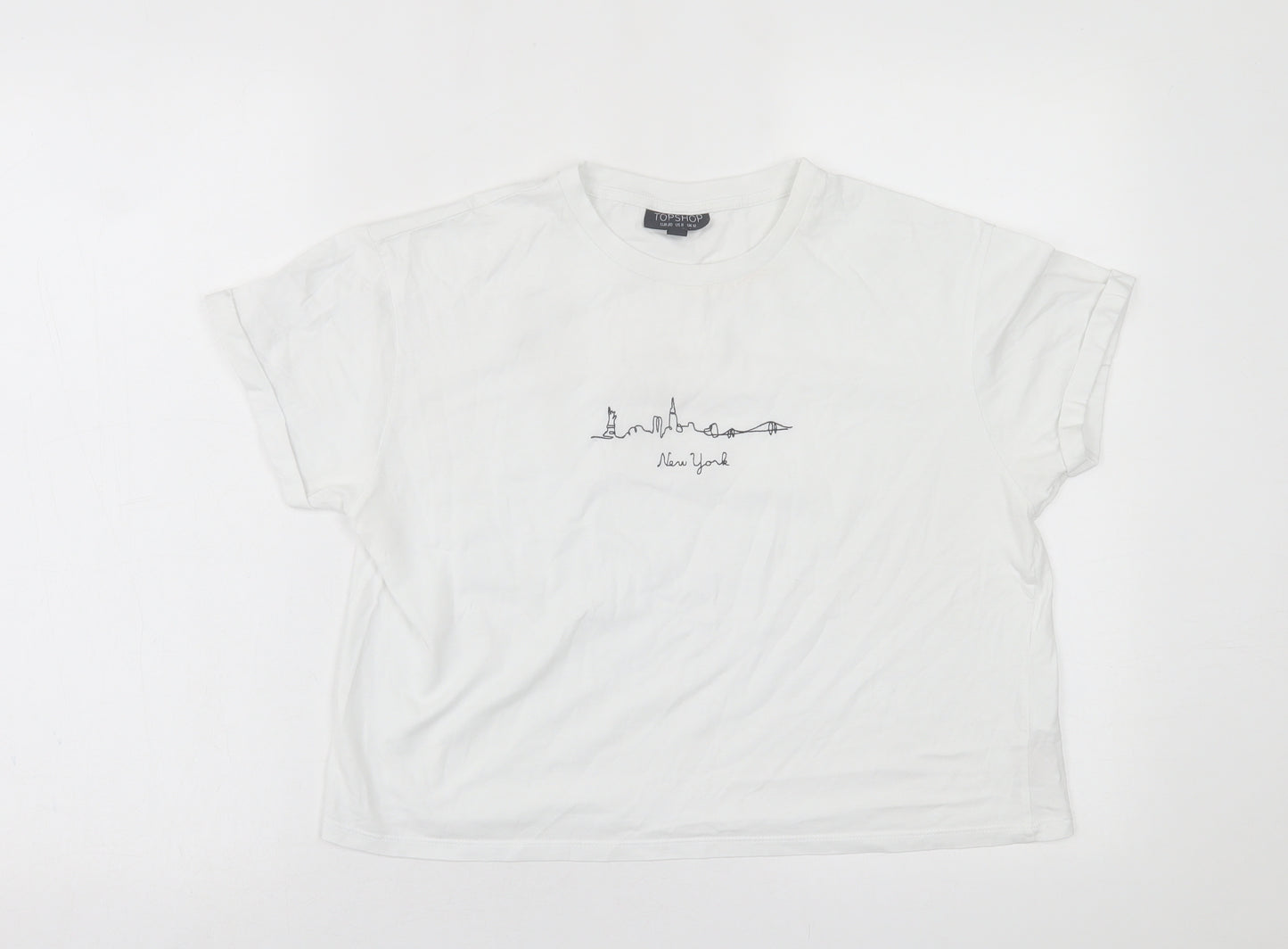 Topshop Womens White  Cotton Cropped T-Shirt Size 12 Crew Neck - New York