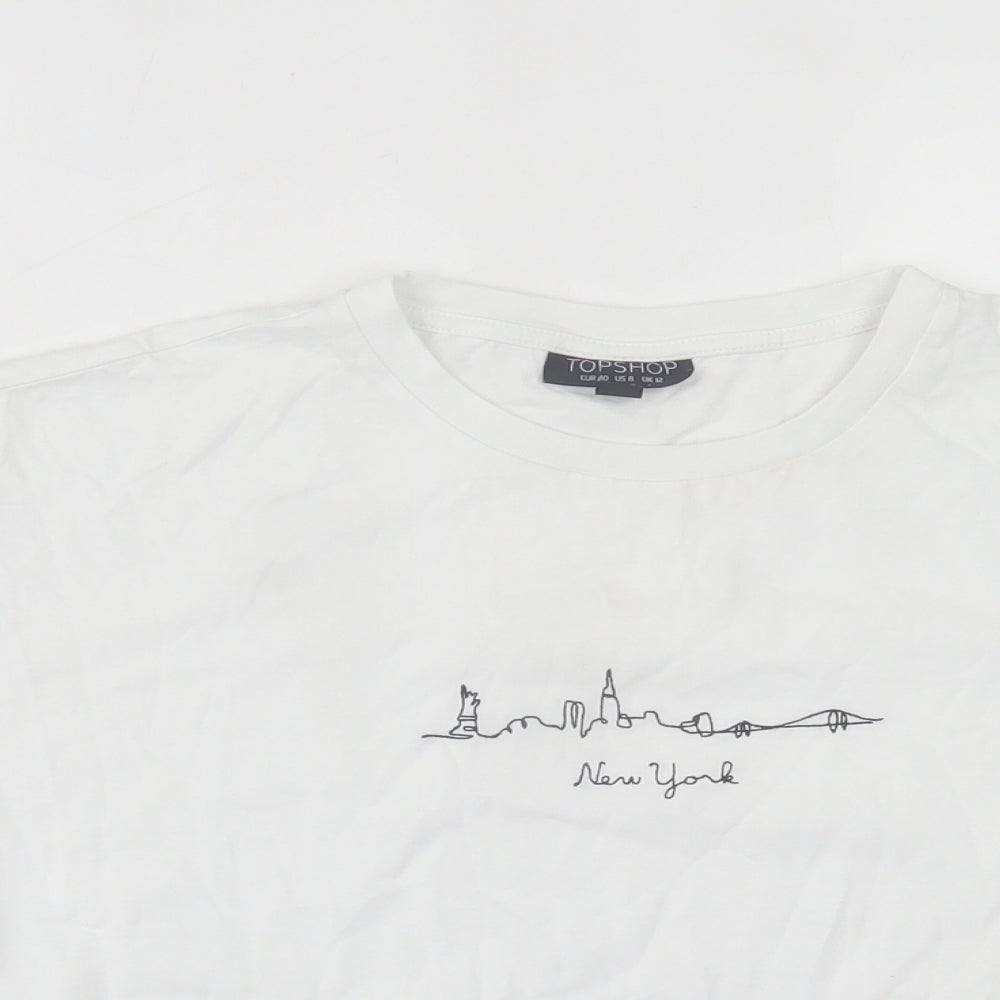 Topshop Womens White  Cotton Cropped T-Shirt Size 12 Crew Neck - New York