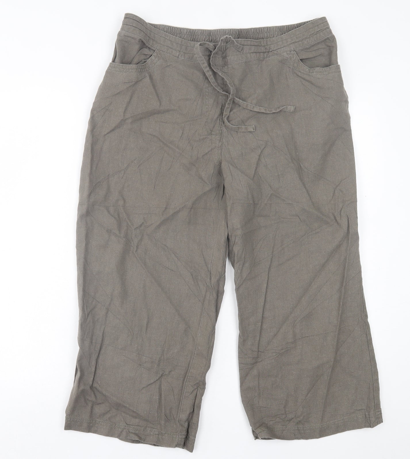 BHS Womens Brown  Linen Cropped Trousers Size 16 L20 in Regular Tie