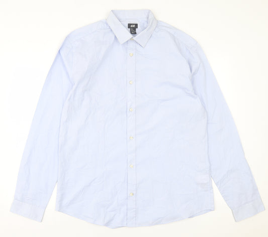 Front view of H&M men’s blue cotton button-up, size XL, collared button