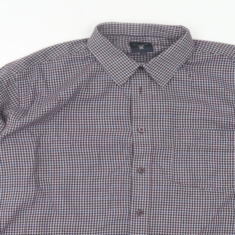 James Pringle Mens Purple Plaid Cotton  Button-Up Size L Collared Button